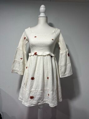 Free People Ivory Midi Dress with Red Floral Embroidery
